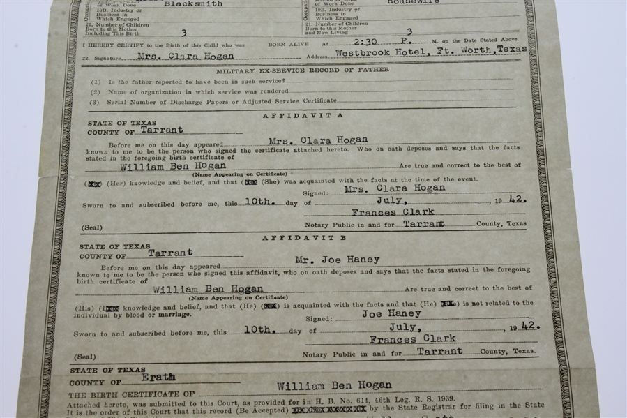 Ben Hogan's Personal 1942 Texas Dept. of Health Record of Birth (Birth Certificate 8/13/1912)