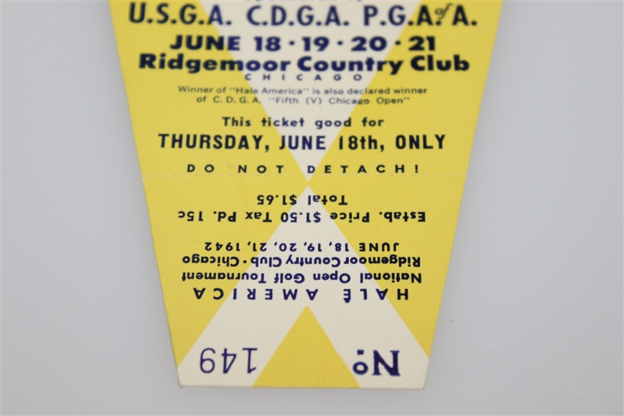 1942 Hale America National Open Golf Tournament Thursday Ticket #149 - Seldom Seen Hogan Win!