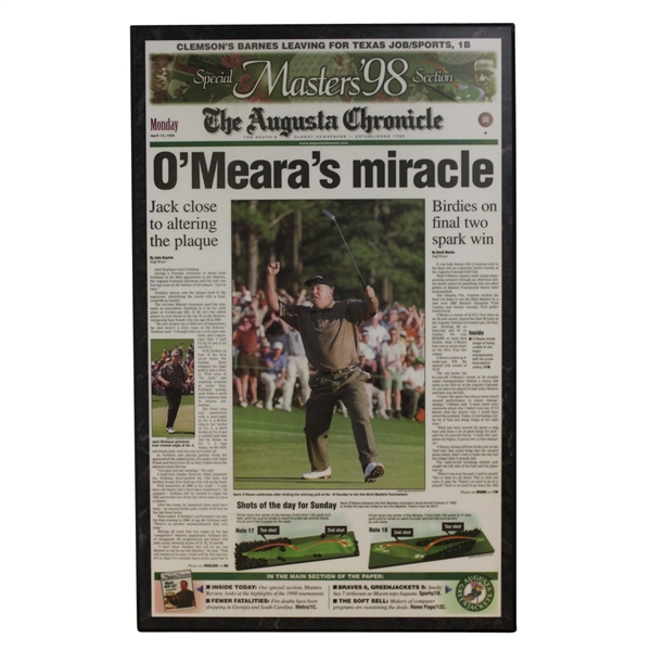 April 13, 1998 Augusta Chronicle Front Page Plaque - Mark O'Meara Win