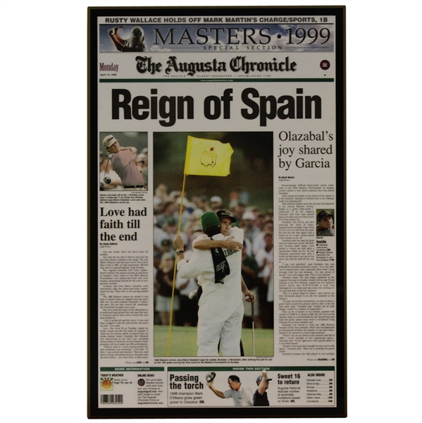 April 12, 1999 Augusta Chronicle Front Page Plaque - José María Olazábal Win