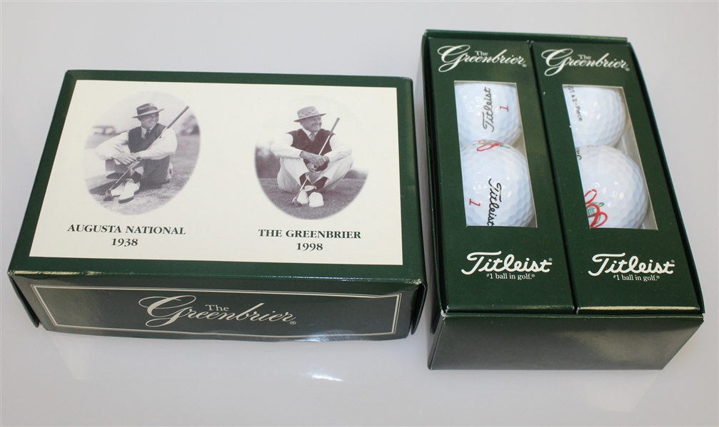 Six The Greenbrier Logo Golf Balls with Sleeves and Sam Snead Commemorative Box