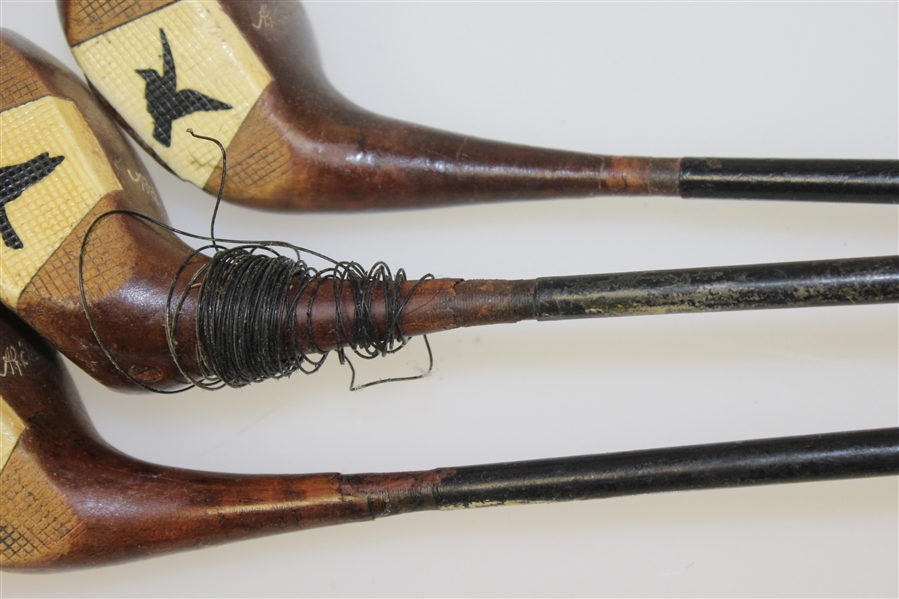 Spalding Crow Face Autograph Driver, Brassie, & Spoon Reg No. 35527 with Steel Shafts