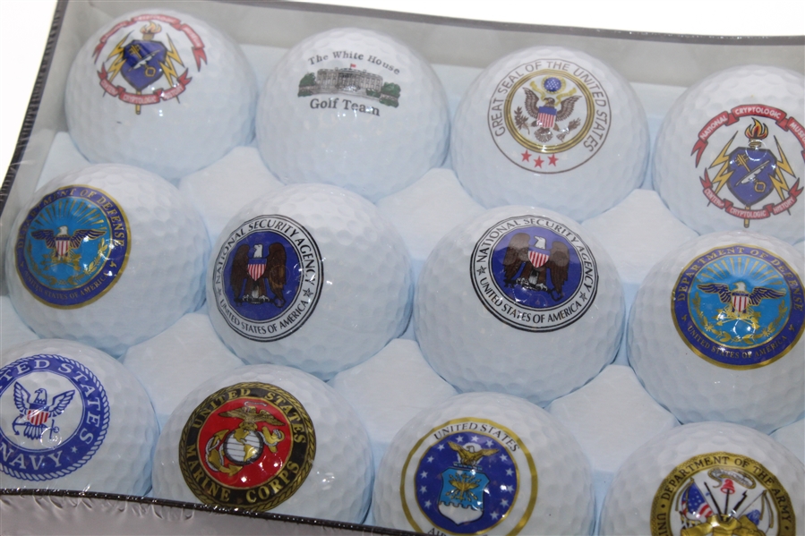 One Dozen Unopened Armed Forces, Departments, & White House Logo Golf Balls