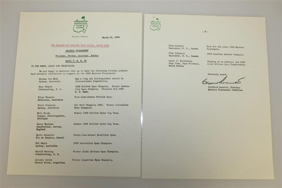 Four 1960 Augusta National Golf Club Masters Tournament Press Releases - 8 Pages