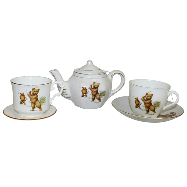 Golfing Bears Tea Pot, Two Cups, and Two Saucers