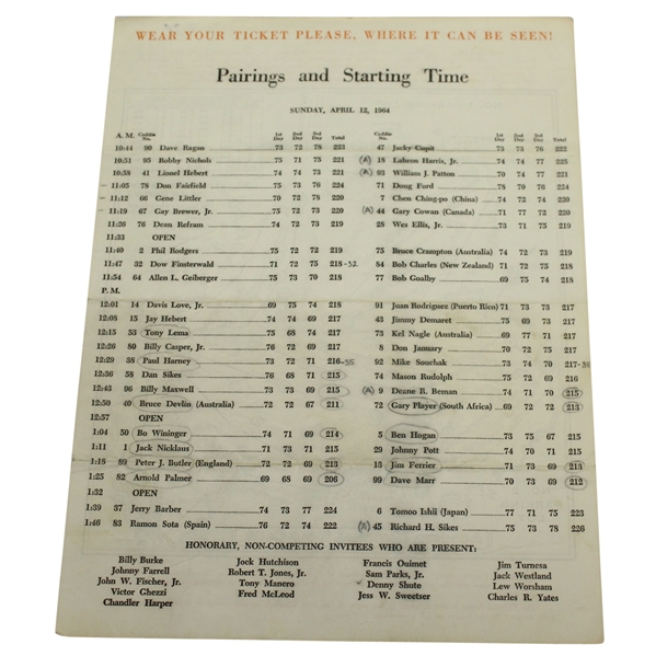 1964 Masters Tournament Sunday Pairing Sheet - Arnie's Final Masters Victory