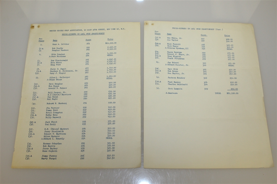 1961 USGA Money Winners, 1980 USGA Starting Times, & 1967 USGA Sunday Pairing Sheet