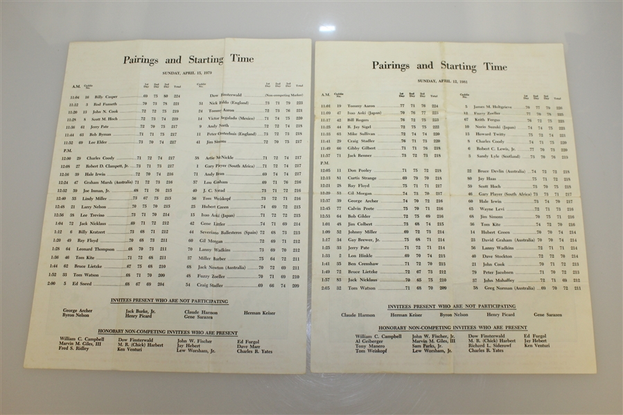 Nine Masters Tournament Sunday Pairing Sheets - 1979, 1981-1985, 1987(x2), & 1988 - Roth Collection