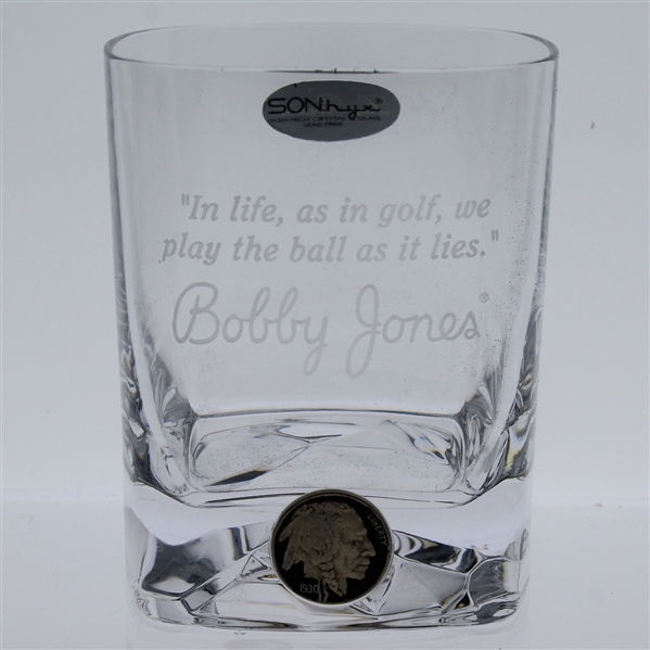 Bobby Jones Commemorative Crystal Double Old Fashioned Glass with 1930 Buffalo Nickel