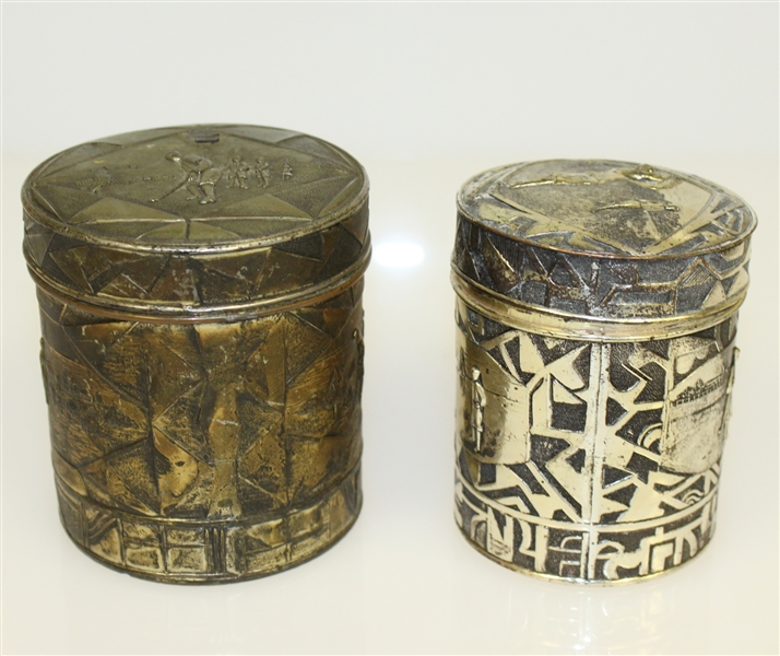 Two Ornate Metal Jars with Lids - Made in Japan