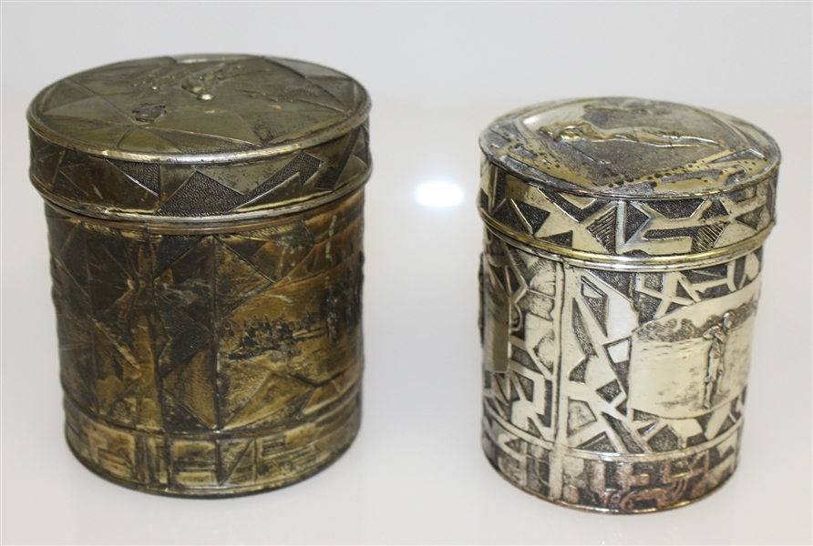 Two Ornate Metal Jars with Lids - Made in Japan