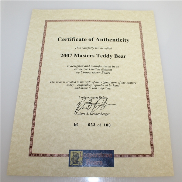 Large 2007 Masters Cooperstown Bear with Certificate of Authenticity and Wooden Box