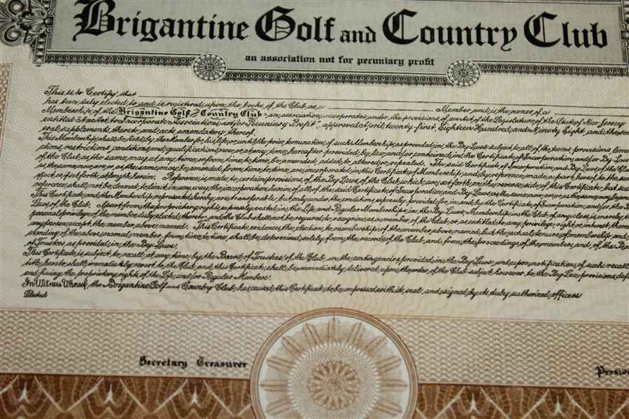 1930's Brigantine Golf and Country Club Special Life Membership Certificate