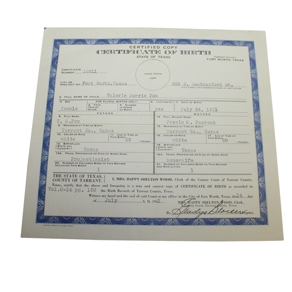 Valerie Hogan's Birth Certificate