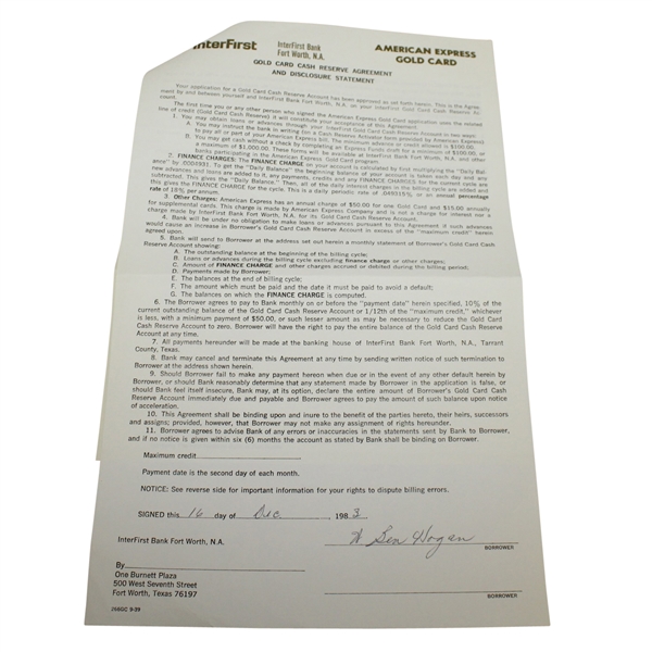 Ben Hogan's Personal Signed American Express Gold Card Agreement JSA ALOA