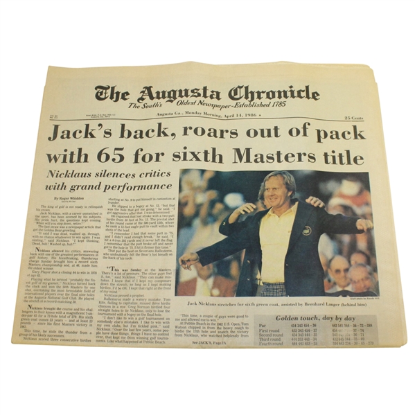 1986 Masters Monday Augusta Chronicle - Day After Nicklaus' 6th Green Jacket - Fully Intact
