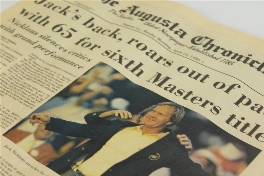1986 Masters Monday Augusta Chronicle - Day After Nicklaus' 6th Green Jacket - Fully Intact