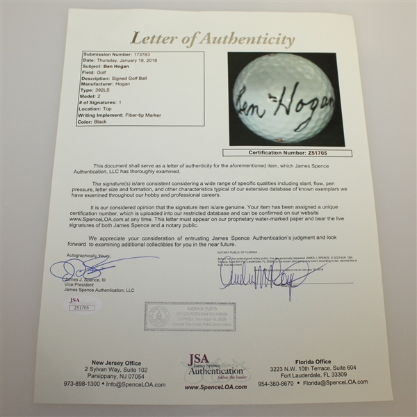 Ben Hogan Signed 'Hogan 392LS' Golf Ball JSA FULL Letter #Z51705