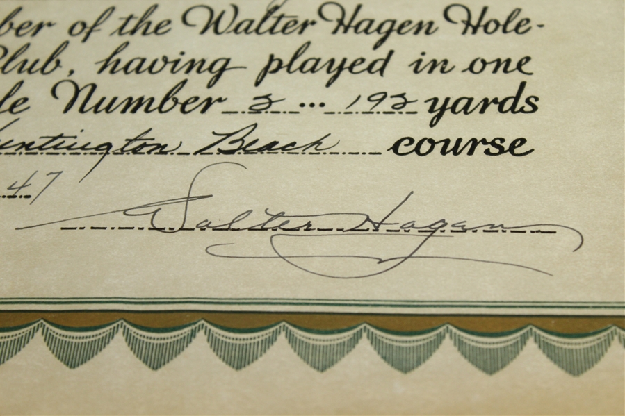Walter Hagen Signed 1947 Hole-In-One Club Certificate JSA ALOA