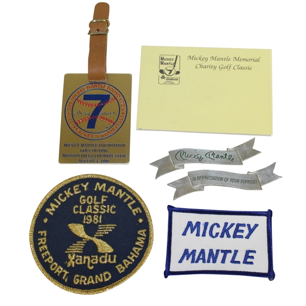 Mickey Mantle Patches(2), #7 Bag Tag, Nameplate & Appreciation Plate, & Memorial Card