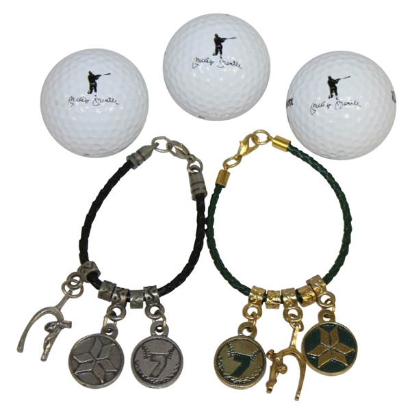 Mickey Mantle Bracelets with #7 & Shangri-La Pendants and Three Logo Golf Balls