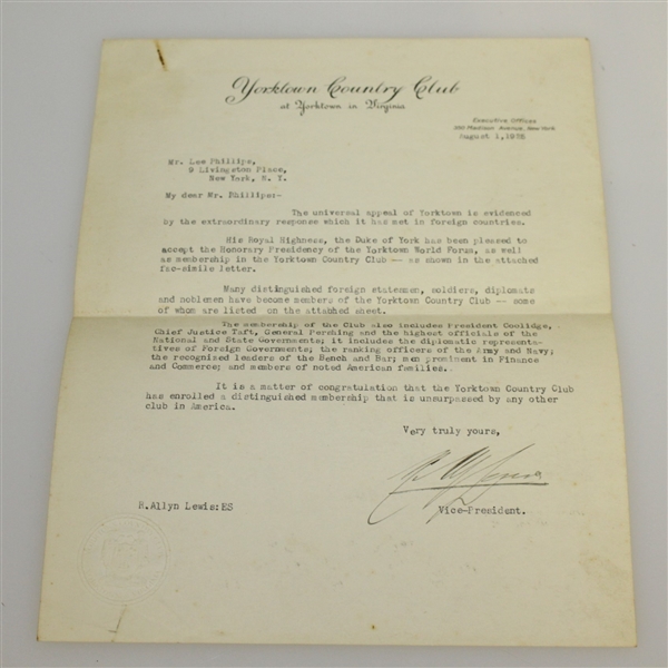 1925 Yorktown Country Club Letter to Lee Phillips - Distinguished Members Content