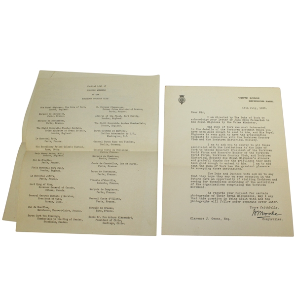 1925 Yorktown Country Club Foreign Members List & Duke of York Member Content Letter