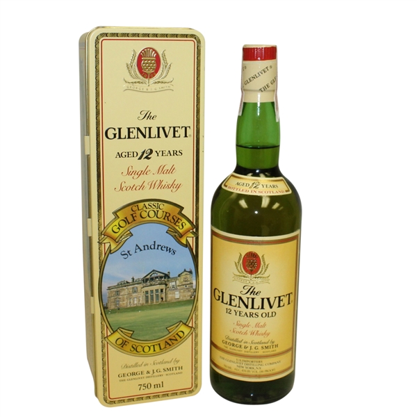 Unopened Glenlivet 12 Year Old Single Malt Scotch Whisky with Decorative St. Andrews Tin