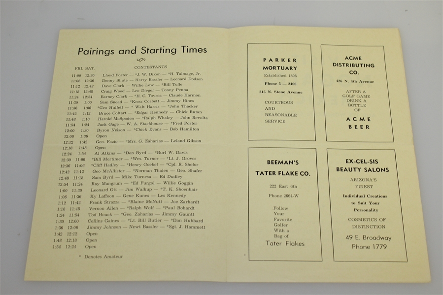 1945 Tucson Open Golf Tournament Program & Pairing Sheet - Ray Mangrum Winner