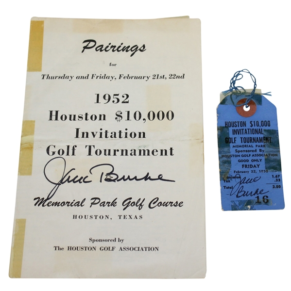 Jack Burke Signed 1952 Houston Inv. Pairing Sheet & Ticket JSA ALOA