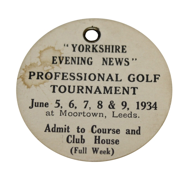 1934 'Yorkshire Evening News' Professional Golf Tournament Badge - Alf Padgham Winner