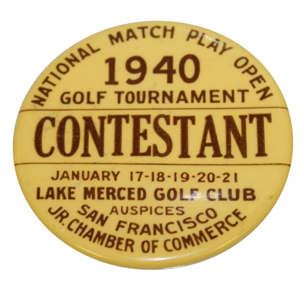 1940 National Match Play Open at Lake Merced Contestant Badge - William Higgins Winner