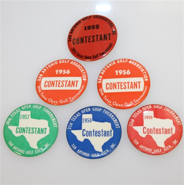 1955, 1956(x2), 1957, 1958, & 1959 Texas Open Golf Tournament Contestant Badges - Various Winners