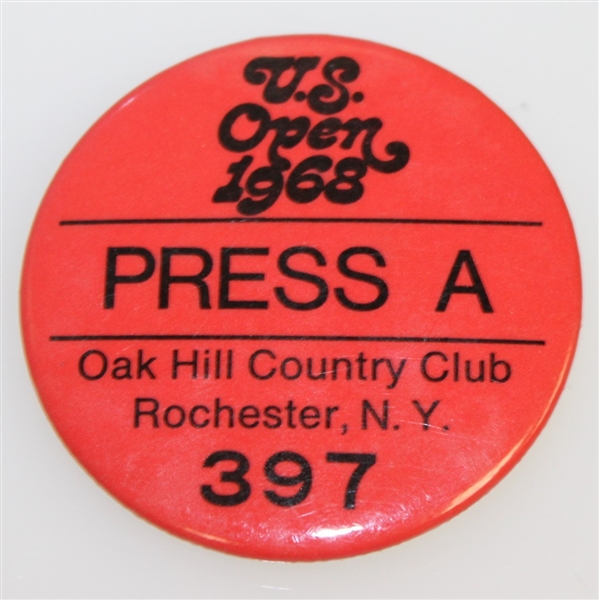 1968 US Open at Oak Hill CC Press A Badge - Lee Trevino Winner