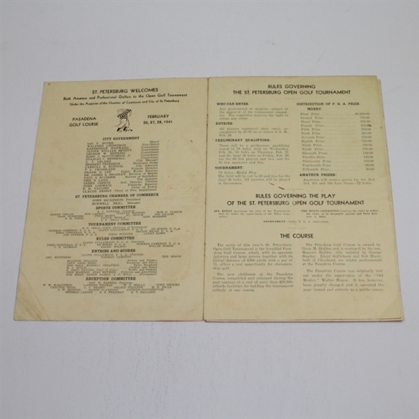 1941 St. Petersburg Tournament Pairing Sheet/Pogram - Sam Snead Winner