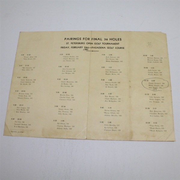 1941 St. Petersburg Tournament Pairing Sheet/Pogram - Sam Snead Winner