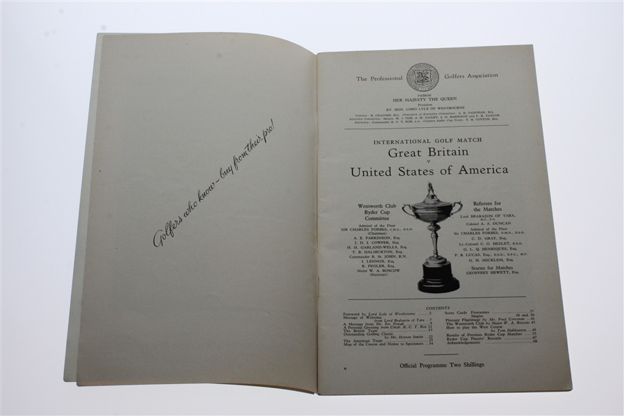 1953 The Ryder Cup at Wentworth Golf Club Program - USA Winner 6 1/2 - 5 1/2