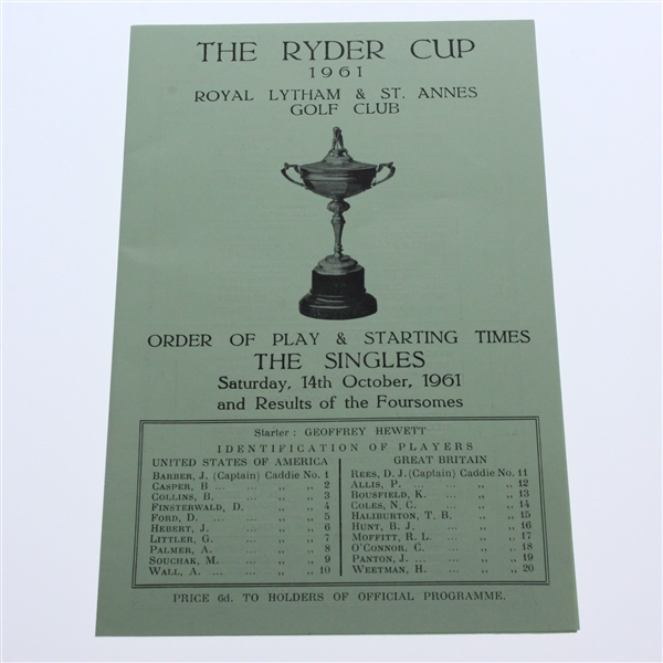 1961 The Ryder Cup at Royal Lytham & St Annes Program with Saturday Schedule/Pairing Sheet