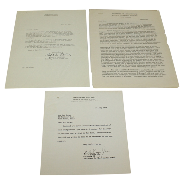 Three Letters to Ben Hogan - General Gruenther, Colonel Evans, and General Norstad JSA ALOA