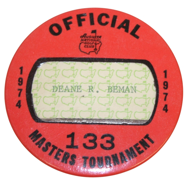 Deane Beman's 1974 Masters Tournament Official Badge #133 - Gary Player Winner