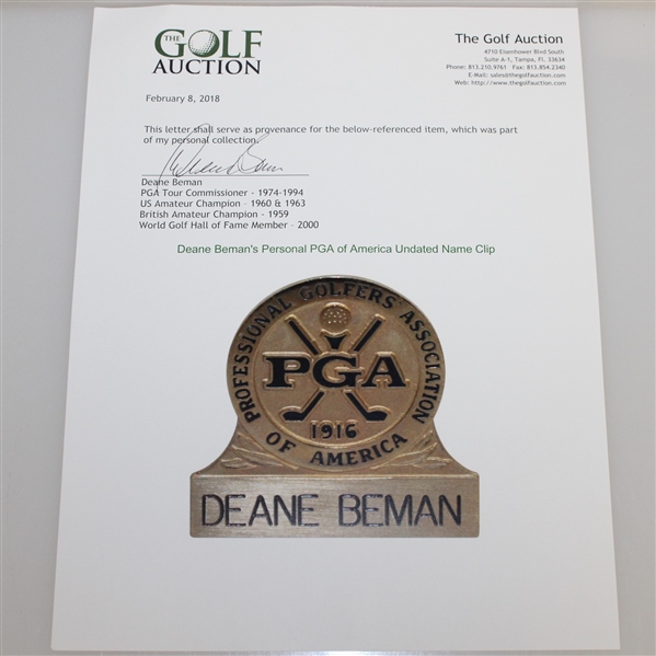 Deane Beman's Personal PGA of America Undated Name Clip