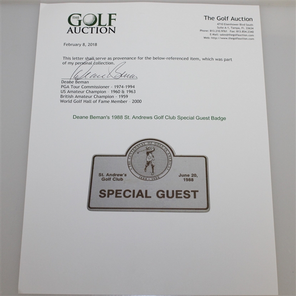 Deane Beman's 1988 St. Andrews Golf Club Special Guest Badge - Centennial of Golf in America