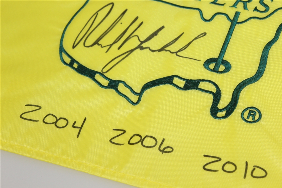 Phil Mickelson Center Signed 2006 Masters Flag - Only Known With Phil's 3 Wins Notated! JSA #Z76604