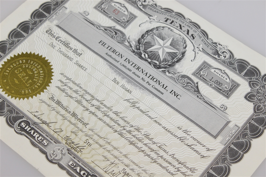 Ben Hogan's Personal Filteron International, Inc. Stock Certificate #63 - 1,000 Shares