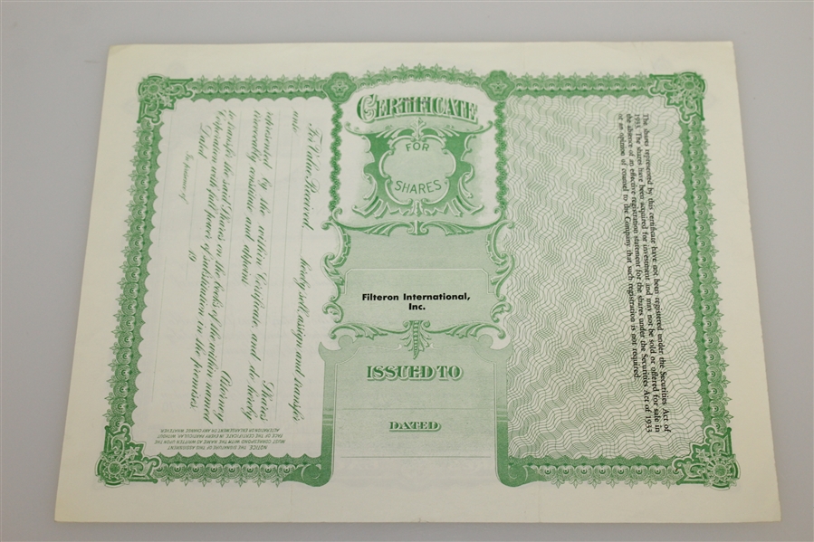 Ben Hogan's Personal Filteron International, Inc. Stock Certificate #63 - 1,000 Shares