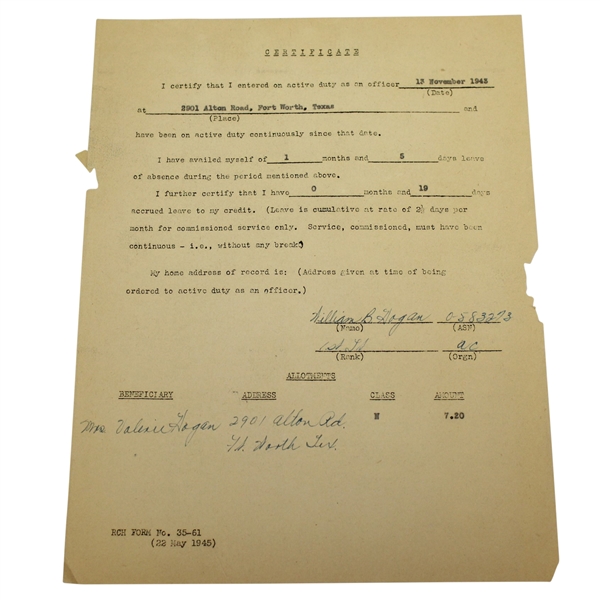 Ben Hogan's 1945 Army Certificate RCH No. 35-61 Form - Signed William B. Hogan JSA ALOA