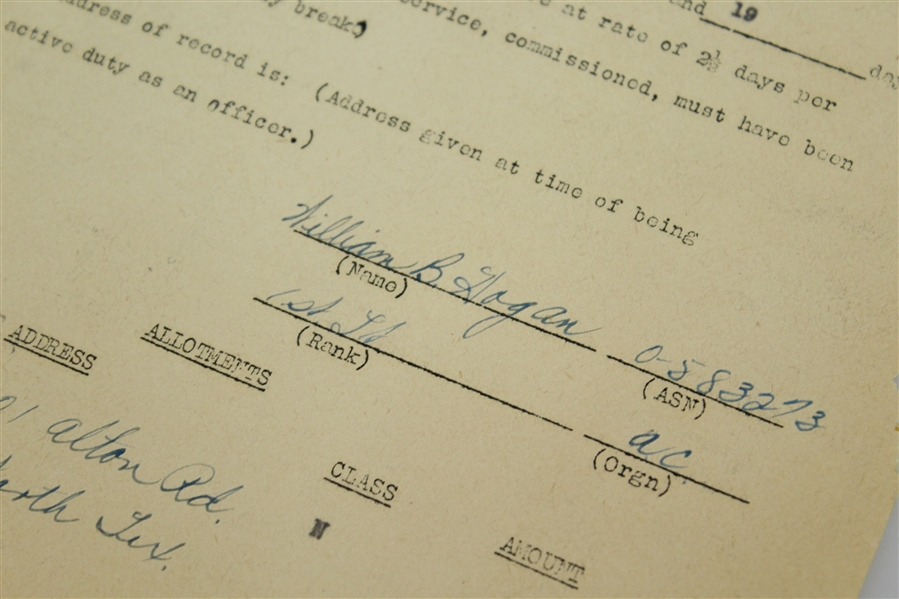 Ben Hogan's 1945 Army Certificate RCH No. 35-61 Form - Signed William B. Hogan JSA ALOA