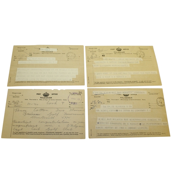 Four Telegrams to Henry Cotton - Congrats on 1953 Dunlop Win