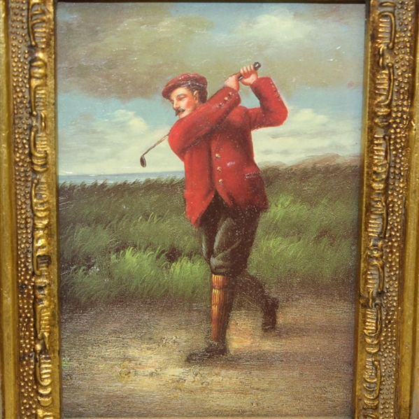 Classic Oil on Wood Golfer Swinging Art Piece - Unmarked & Unsigned - Deluxe Framed