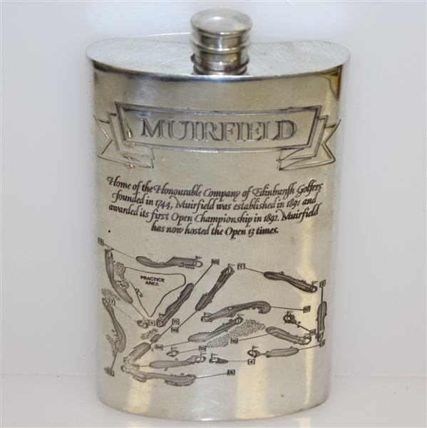 Muirfield 'Home of Edinburgh Golfers' Pewter Flask with Course Layout - Good Condition with Funnel & Box
